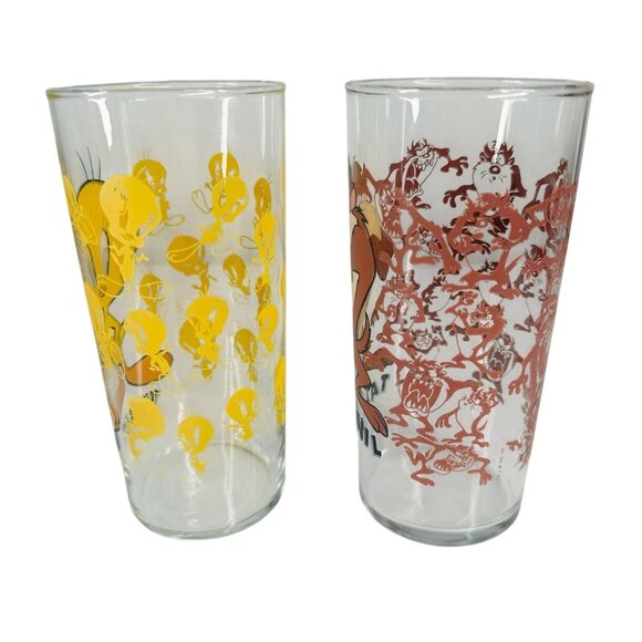 RARE 1995 Looney Tunes Taz Tasmanian Devil Tweety Warner Bros Glass Lot of 2 - Picture 5 of 16
